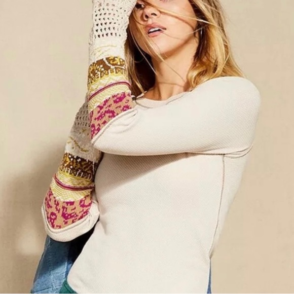 Free People Boho Sweater w/  Embroidered Sleeves - Picture 2 of 5